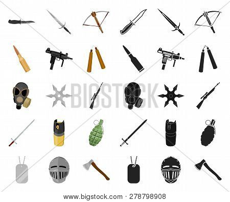 Types Of Weapons Cartoon, Black Icons In Set Collection For Design.firearms And Bladed Weapons Vecto