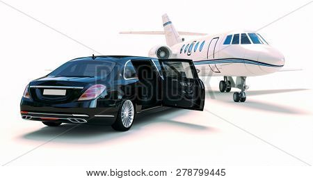 3d rende of luxury limousine car and private jet