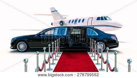 3d rende of luxury limousine car and private jet
