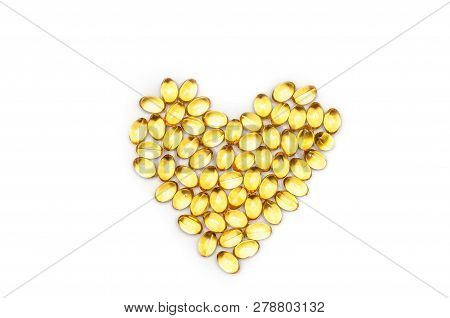 Heart Shape Of Fish Oil, Soft Capsule, Omega, Supplement Isolated On White Background, Healthy Produ