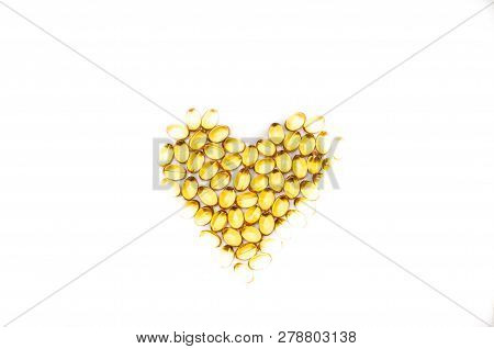 Heart Shape Of Fish Oil, Soft Capsule, Omega, Supplement Isolated On White Background, Healthy Produ
