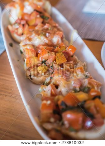 Homemade Bruchetta, Toasted Italian Bread With Tomato And Cheese