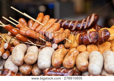 Different Kinds Of Grilled Sausages. Delicious Food.