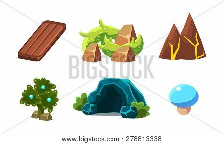 Vector Set Of Cartoon Landscape Elements For Mobile Video Game. Fantastic Plants, Cave, Wooden Board
