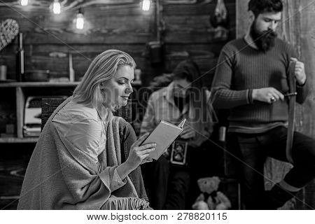 Beautiful Woman With Blond Hair Reading Interesting Book. Bookworm Absorbed By Fantasy World Adventu
