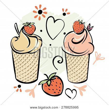 Ice Cream With Strawberry. Black White Pink Creame Red Hand Made Drawing For Kids, Adult, Caffee