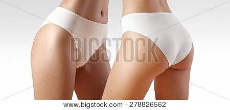Spa And Wellness. Healthy Slim Body In White Panties. Beautiful Sexy Hips With Clean Skin. Fitness O