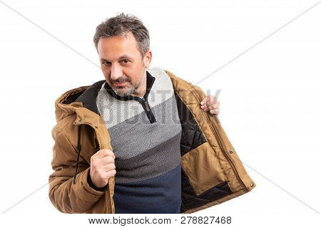 Man Getting Ready For Cold Weather With Warm Brown Jacket And Knitted Jumper Underneath Isolated On 