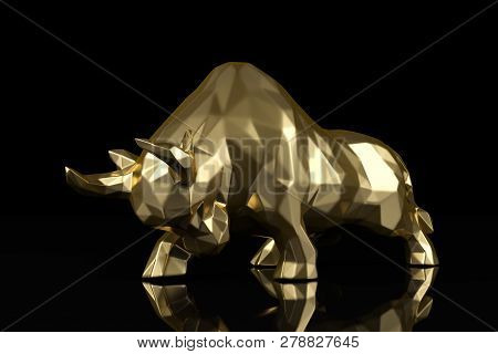 A Golden Bull On Black Background 3D Illustration.