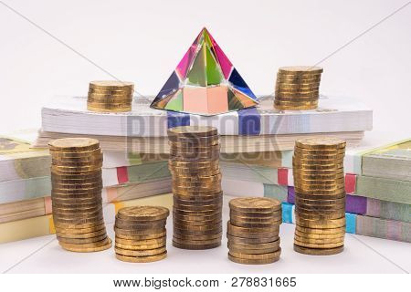 Financial Pyramid, Wads Of Money And Stacks Of Coins