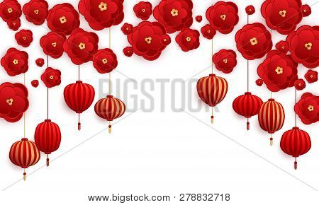 Hanging Lanterns And Paper Cut Flowers Chinese New Year Card Background Vector Design. Red And Gold 
