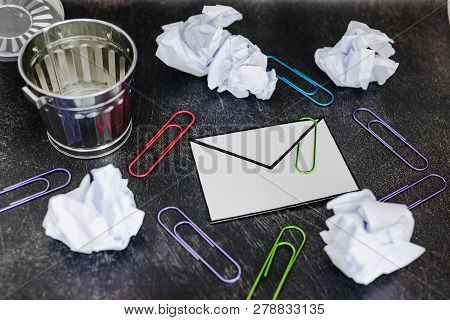 Envelope With Clip Symbol Of Email And Attachments With Trash Can Next To It
