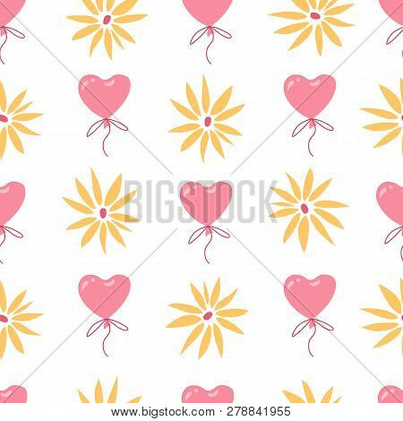 Pretty Simple Pattern With Balloons, Flowers And Hearts, Seamless Texture With Colorful Illustration