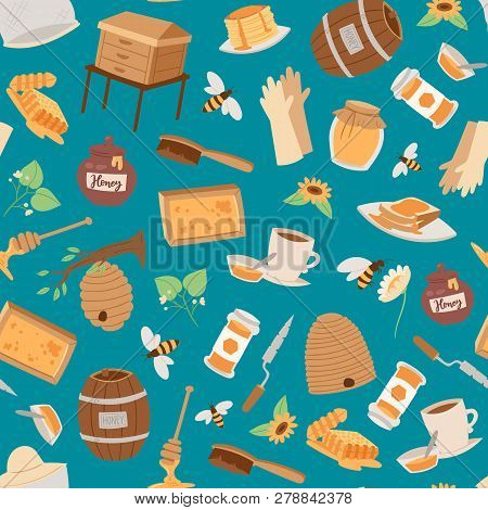 Bee Hive Seamless Pattern Beekeeper Harvesting Honey Background Vector Illustration. Tee Hot Drinksw