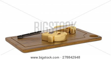 Culinary Sale Concept Kitchen Knife With Dollar Sign On Chopping Board 3D Illustration.