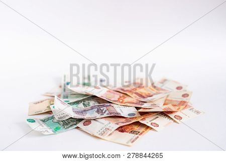 Heap Of Russian Money, Rubel Banknotes On White Background. Loan, Mortgage, Credit Concept
