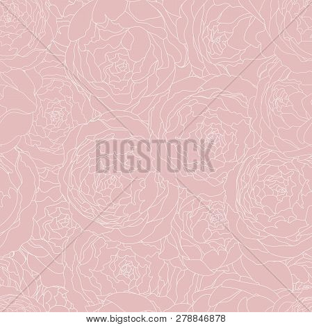 Seamless Pink Background Vintage Pattern With Peony Flowers. Vector Hand Drawn Illustration. Graphic