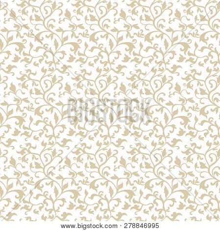 Seamless Gold Floral Damask Pattern. Wallpaper In The Style Of Baroque. Vector Background. Gold And 