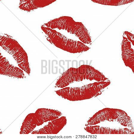 Vector Woman Red Lipstick Kiss Prints Seamless Pattern. Red Kisses For Romantic, Wedding And Valenti