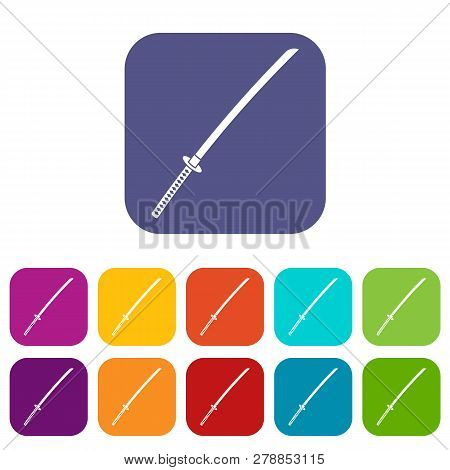 Japanese Katana Icons Set Illustration In Flat Style In Colors Red, Blue, Green And Other