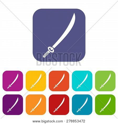 Katana Icons Set Illustration In Flat Style In Colors Red, Blue, Green And Other