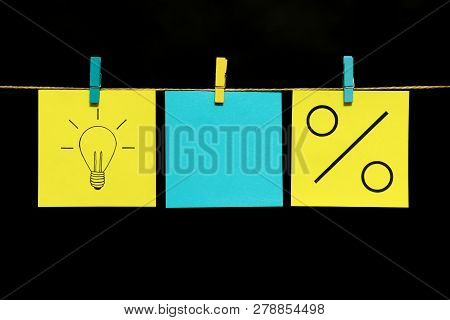 Copy Space. Three Stickers. The Lamp Is Drawn On The Yellow Sheet As A Symbol Of The Idea And Insigh