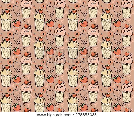 Ice Cream With Strawberry. Seamless Pattern Black White Pink Creame Red Hand Made Drawing For Kids, 