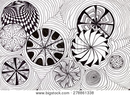 Abstract Hand Drawn Pattern On White Paper By Felt Pen - Black And White Ornament From Circles And W