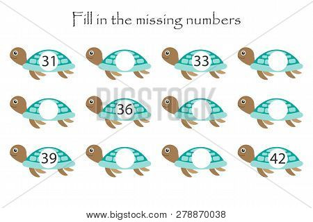 Game With Turtles For Children, Fill In The Missing Numbers, Middle Level, Education Game For Kids, 