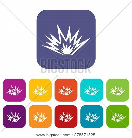 Nuclear Explosion Icons Set Illustration In Flat Style In Colors Red, Blue, Green And Other