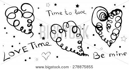 Set of hand-drawn hearts and letters. Spiral hearts on white background.
