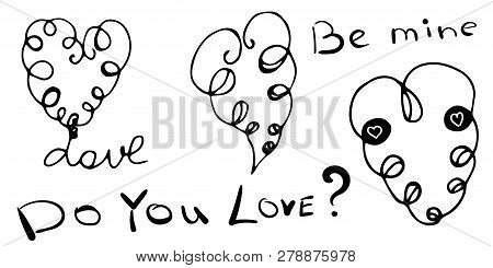 Black and white hearts twisted spirals isolated on white background.