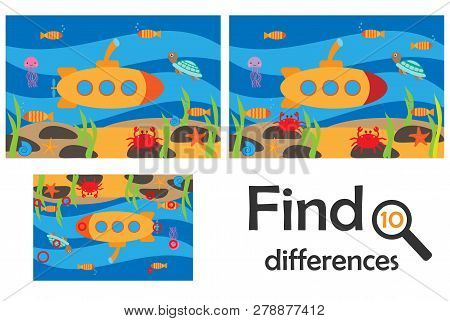 Find 10 Differences, Game For Children, Sea World Underwater In Cartoon Style, Education Game For Ki
