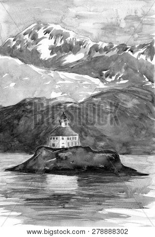 Lighthouse On Island. Mountains And Hills On Background. Watercolor Painting. Gray Colors Grisaille.