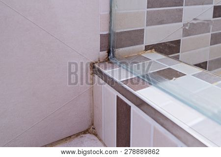 Black Mold On Tile In Shower Cabin. Poor Ventilation, Humidity, Condensation Cause Fungus On The Wal