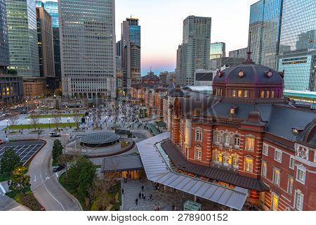 View Of Tokyo Station Building At Twilight Time. Marunouchi Business District, Tokyo, Japan.