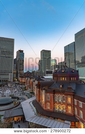 View Of Tokyo Station Building At Twilight Time. Marunouchi Business District, Tokyo, Japan.