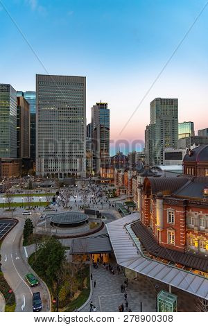 View Of Tokyo Station Building At Twilight Time. Marunouchi Business District, Tokyo, Japan.