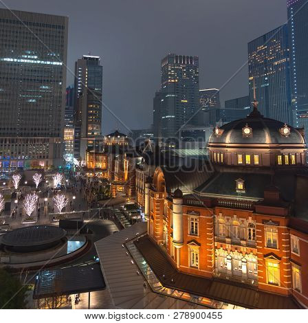 View Of Tokyo Station Building During Winter Illumination At Marunouchi Business District, Tokyo, Ja