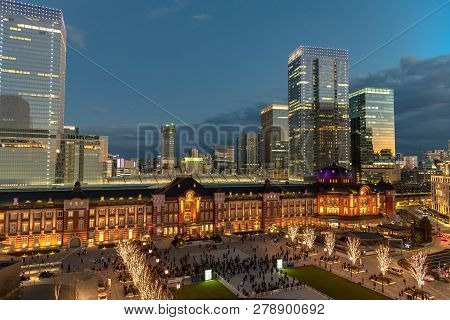 View Of Tokyo Station Building During Winter Illumination At Marunouchi Business District, Tokyo, Ja