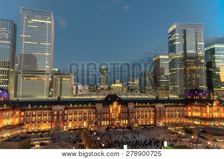 View Of Tokyo Station Building During Winter Illumination At Marunouchi Business District, Tokyo, Ja