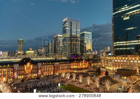 View Of Tokyo Station Building During Winter Illumination At Marunouchi Business District, Tokyo, Ja
