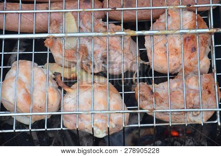 Preparation On Bbq. Dish With Roasted Meat On Abstract Background. Hot Tasty Smokey Barbecue Meal At