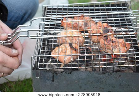 Preparation On Bbq. Dish With Roasted Meat On Abstract Background. Hot Tasty Smokey Barbecue Meal At
