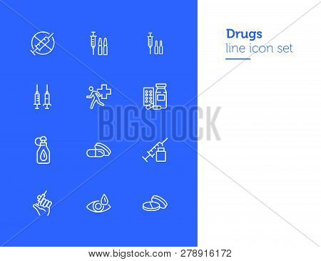 Drugs Line Icon Set. Set Of Line Icons On White Background. Medicine Concept. Syringe, Drug, Medical