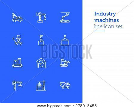Industry Machines Line Icon Set. Concrete Mixer, Crane, Site. Machinery Concept. Can Be Used For Top