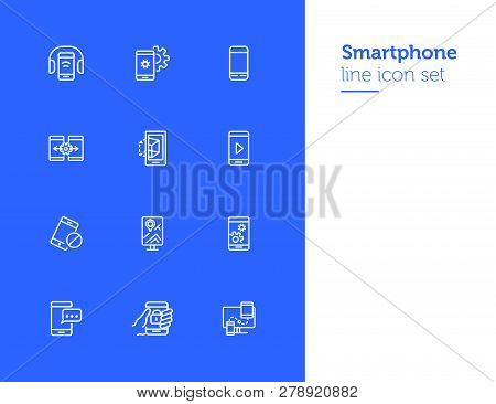 Smartphone Line Icon Set. Settings, Navigation, Multimedia Content. Mobile Technology Concept. Can B