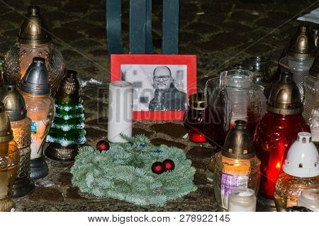 Gdansk, Poland - January 16, 2019: Pawel Adamowicz Picture And Candles For Commemorative Pawel Adamo