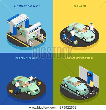 Carwash Concept Icons Set With Self Service Car Wash Symbols Isometric Isolated Vector Illustration