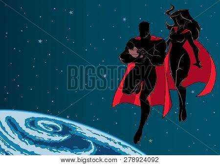 Full Length Silhouette Illustration Of Super Dad And Super Mom With Super Baby, Flying In The Outer 